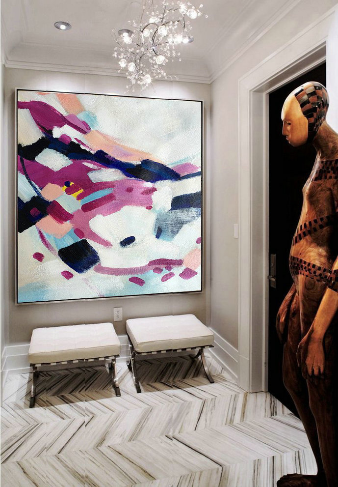 Handmade Large Painting,Oversized Contemporary Art,Living Room Wall Art,White,Purple,Pink,Dark Blue.etc